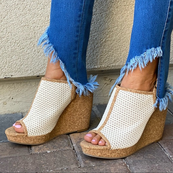 Anthropologie Perforated Mesh Cork Platform Wedge